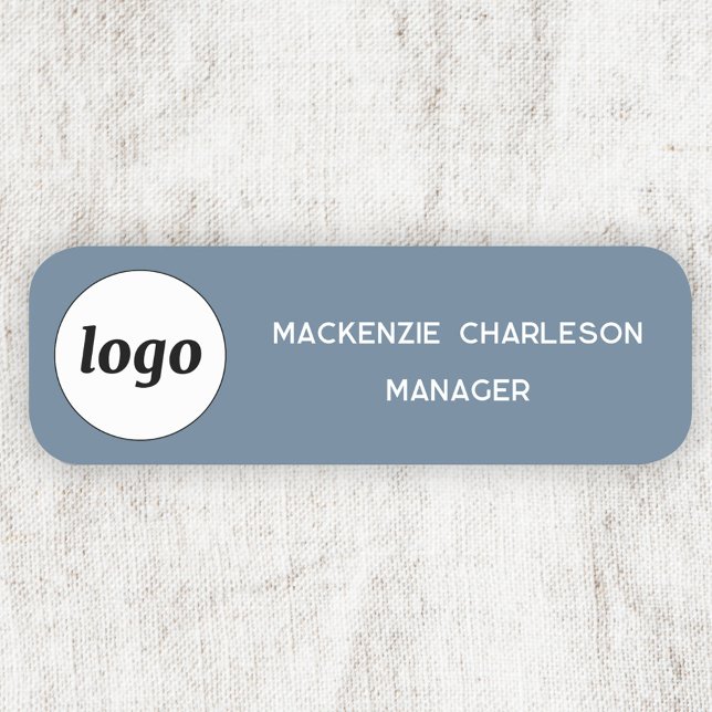 Logo Employee Staff Dusty Blue Business Name Tag (Simple logo with custom text business branding promotional dusty blue name badge)