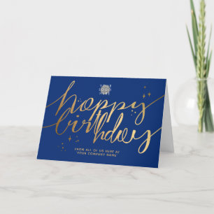 Logo Faux Gold Hand Script Navy Blue Birthday Card