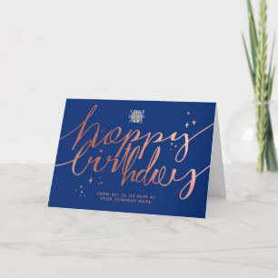 Logo Faux Rose Gold Hand Script Navy Blue Birthday Card