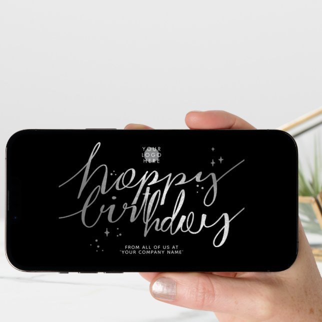 Logo Faux Silver Hand Script Birthday Black Card (Front Digital)