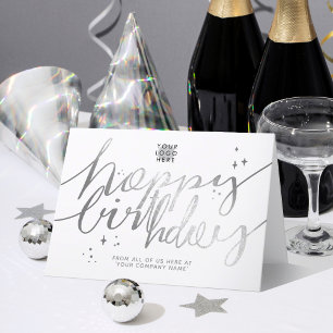 Logo Faux Silver Hand Script Clean White Birthday Card