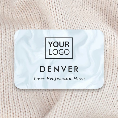 Logo first name and title pale blue gray marbled name tag