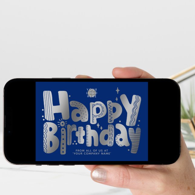 Logo Fun Silver Handwritten Navy Blue Birthday Card (Front Digital)