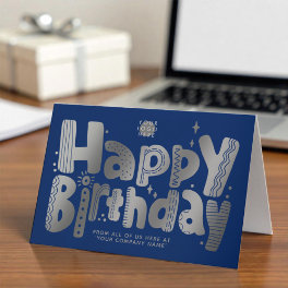 Logo Fun Silver Handwritten Navy Blue Birthday Card