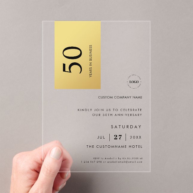 Logo Gold Color Block Business Anniversary Party Acrylic Invitations (Insitu (Handheld))