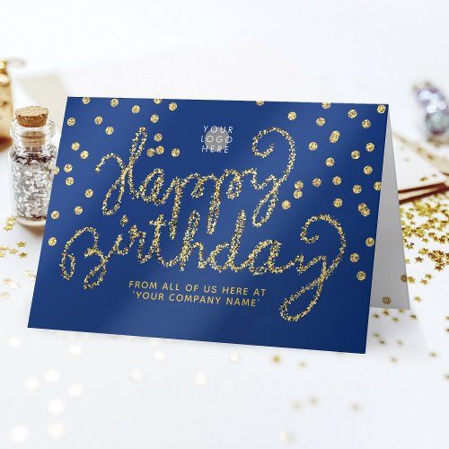 Logo Gold Glitter Confetti Navy Blue Birthday Card