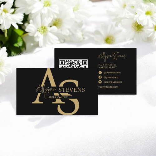 Logo gold initials hair makeup qr code business card