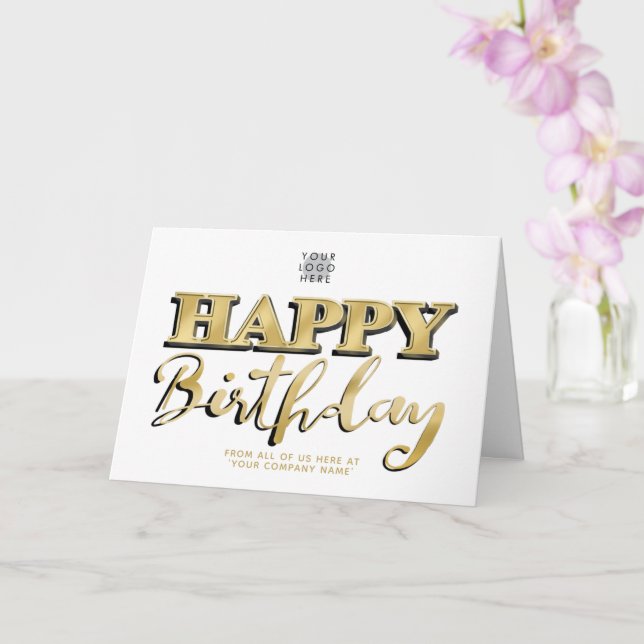Logo Gold Lettering Business Birthday White Card (Orchid)