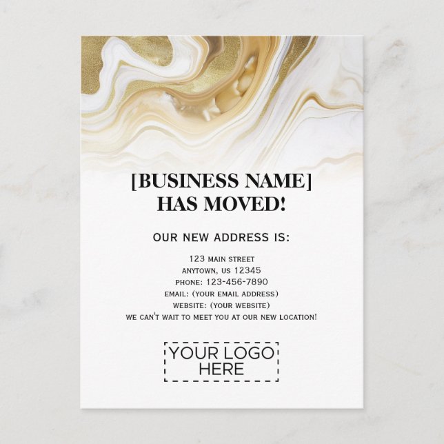 Logo Gold Marble Business Moving Announcement Postcard (Front)