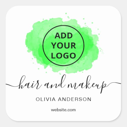 Logo Green brushstroke typography hair makeup      Square Sticker