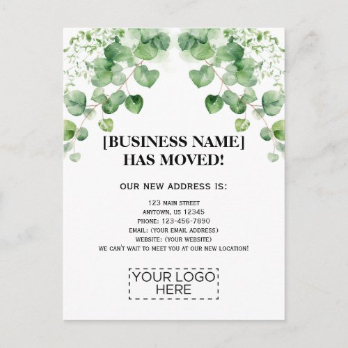 Logo Greenery Business Moving Announcement Postcard