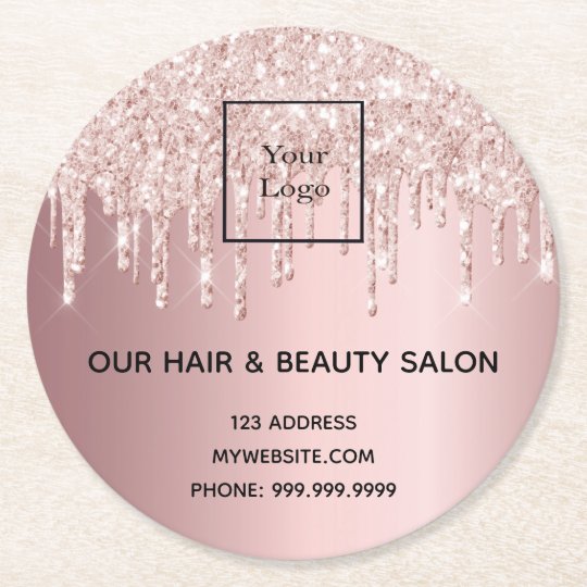 Logo Hair Beauty salon rose gold pink glitter drip Round ...