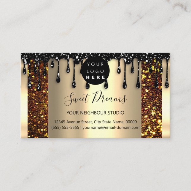 Logo Hair Makeup Nails Drip SPA QRCode Gold Lux Business Card (Front)