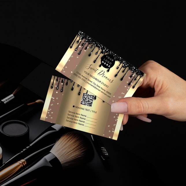 Logo Hair Makeup Nails Drips SPA QR Code Gold Skin Business Card (Creator Uploaded)