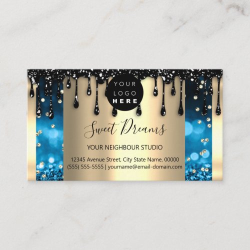 Logo Hair Makeup Nails Drips SPA QRCode Blue Gold Business Card