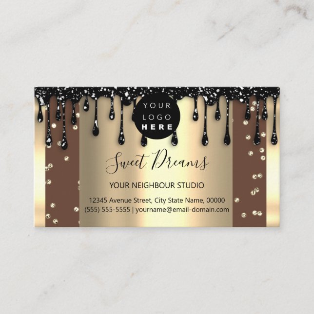 Logo Hair Makeup Nails Drips SPA QRCode Gold Brown Business Card (Front)