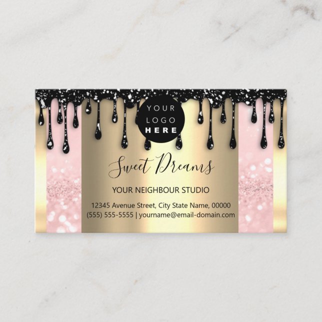 Logo Hair Makeup Nails Drips SPA QRCode Gold Pink Business Card (Front)