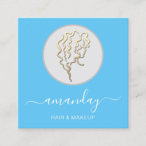 Logo Hairdresser Makeup Artist Gold Blue Square Business Card