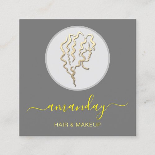 Logo Hairdresser Makeup Artist Gold Gray Yellow Square Business Card