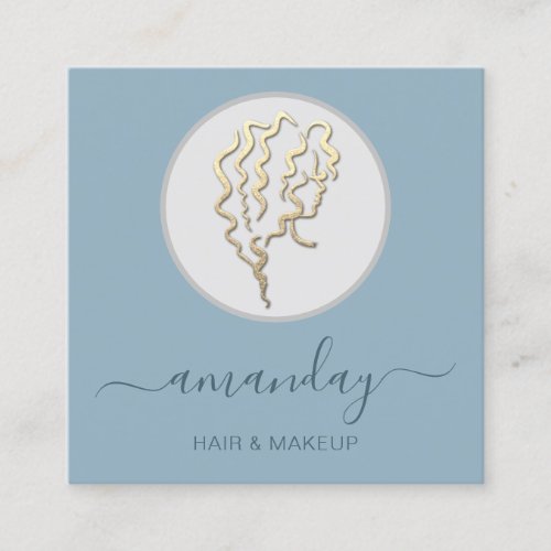 Logo Hairdresser Makeup Artist Gold Smoky Blue Square Business Card