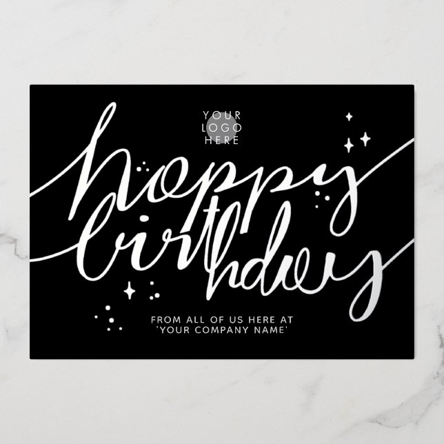 Logo Hand Script Business Birthday Silver Card (Front)