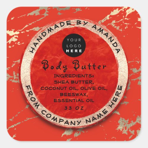  Logo Handmade Body Balm Butter Cosmetic Red Square Sticker
