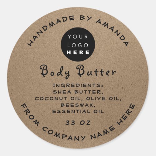 Logo Handmade  Body Butter Cosmetic Paper Kraft Classic Round Sticker