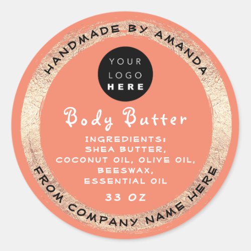 Logo Handmade Name Body Butter Cosmetic Gold Coral Classic Round Sticker