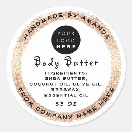 Logo Handmade Name Body Butter Cosmetic Gold White Classic Round Sticker