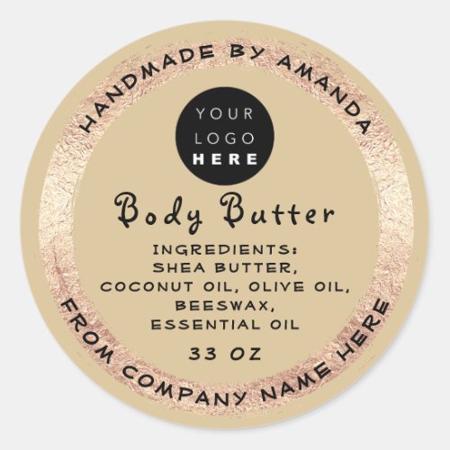 Logo Handmade Name Body Butter Cosmetic Golden  Classic Round Sticker