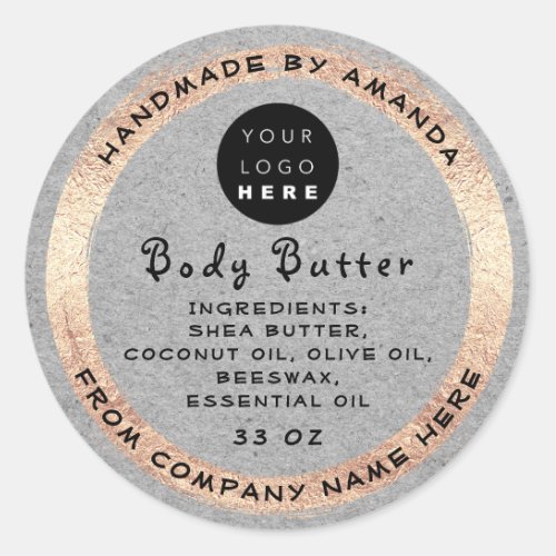 Logo Handmade Name Body Butter Cosmetic Gray Kraft Classic Round Sticker