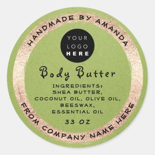 Logo Handmade Name Body Butter Cosmetic Green Gold Classic Round Sticker