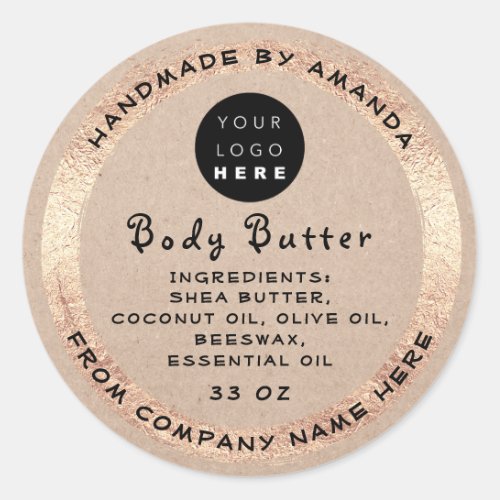 Logo Handmade Name Body Butter Cosmetic Kraft Gold Classic Round Sticker