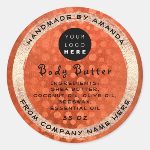 Logo Handmade Name Body Butter Cosmetic OrangeGold Classic Round Sticker