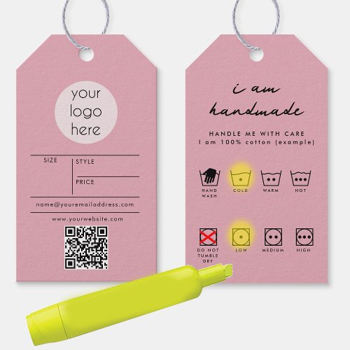Logo Hang Tag Price Clothing Care Hand Made Pink