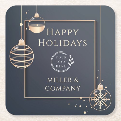 Logo Happy Holidays Christmas Corporate Modern Square Paper Coaster