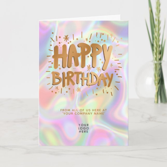 Logo Holographic Faux Gold Happy Birthday Card (Front)
