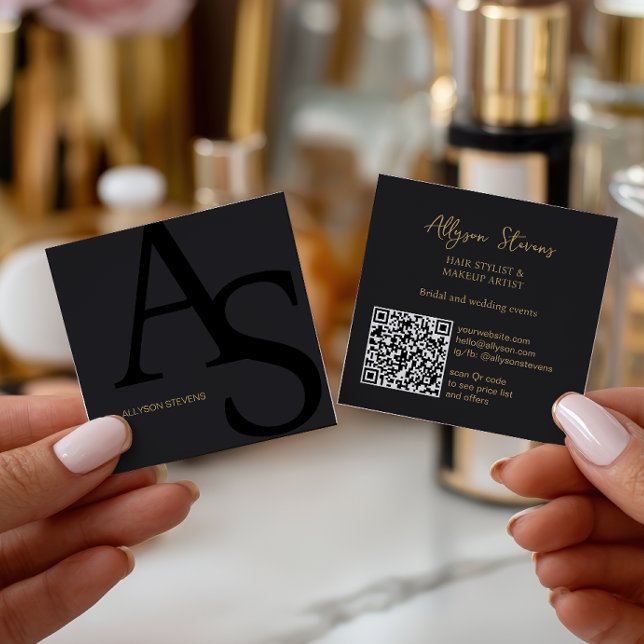 Logo initials Black gold bold makeup qr code Square Business Card (Logo initials Black gold bold makeup qr code Square Business Card)