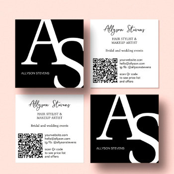 Logo Initials Black White Bold Makeup Qr Code Square Business Card by girly_trend at Zazzle