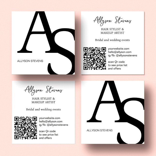 Logo initials Black white bold makeup qr code Square Business Card (Creator Uploaded)