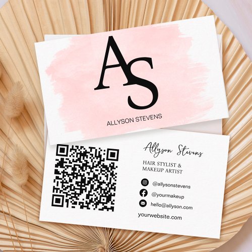 Logo initials pink brush hair makeup qr code business card