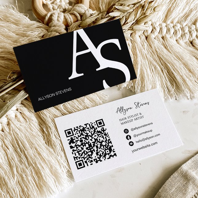 Logo initials white black bold makeup qr code business card (Creator Uploaded)