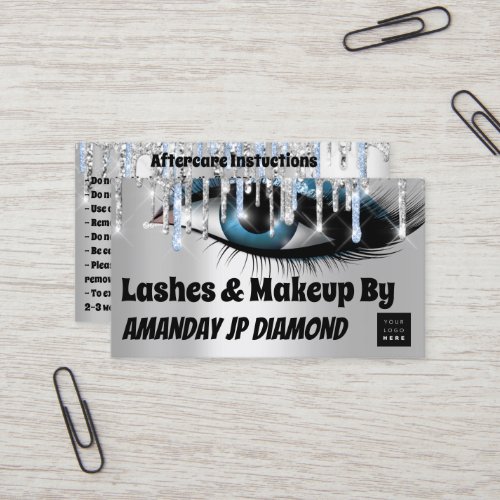 Logo Lashes Aftercare Instruction Blue Silver Business Card