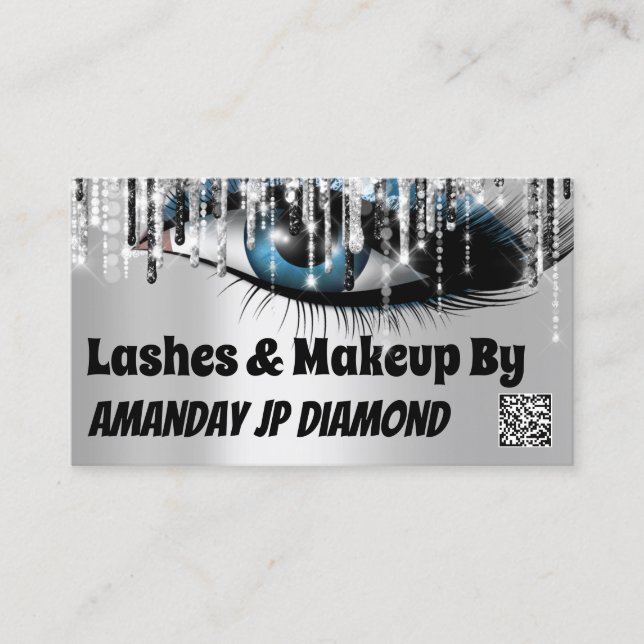 Logo Lashes Makeup 6 Punch Silver Drip QR Code Business Card (Front)