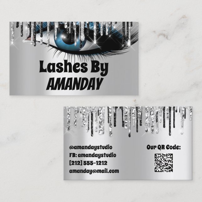 Logo Lashes Makeup Artist Silver Drips QR Code Business Card (Front/Back)
