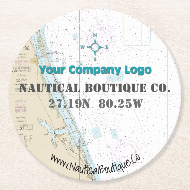 Logo Latitude Longitude Stuart Florida Chart Round Paper Coaster (Front)