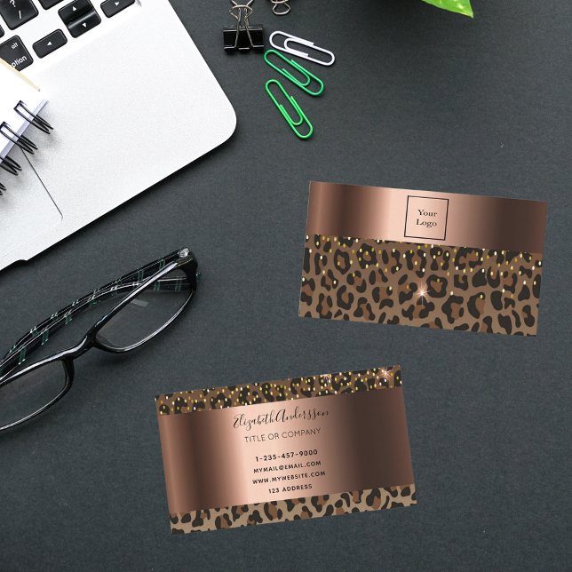 Logo leopard black brown sparkle bronze metallic business card (Creator Uploaded)