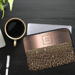 Logo leopard pattern brown black bronze metallic laptop sleeve<br><div class="desc">An elegant,  glamorous and feminine with brown and black leopard pattern,  decorated with golden confetti. A large faux bronze metallic looking band.  Template for your own business,  company  logo.  Perfect for a female entrepreneur!</div>
