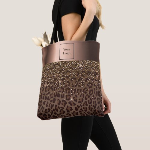 Logo leopard pattern brown black bronze metallic tote bag