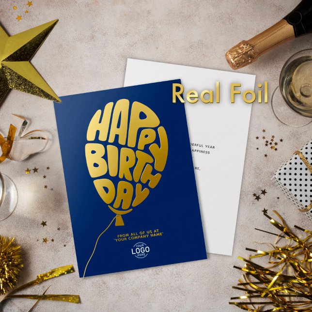 Logo Lettering Balloon Navy Blue Business Birthday Foil Invitation (Creator Uploaded)